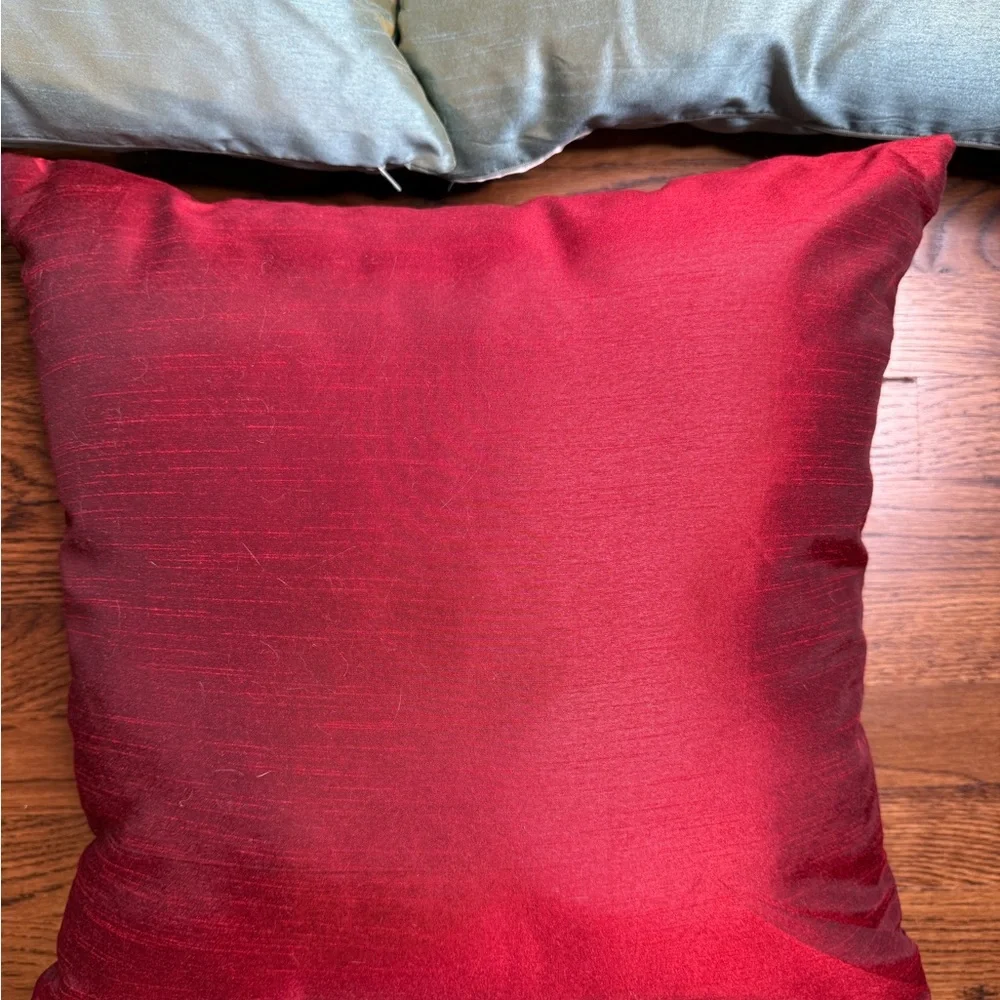 Raw Silk- Look Floral Accent Throw Pillows - Burgundy and Turquoise